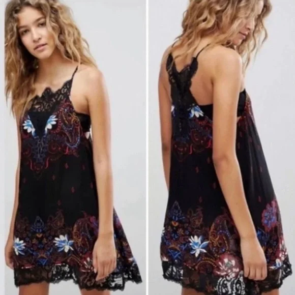 Womens Free People Who's Sorry Now Printed Lace Shift Slip Dress Black - Picture 2 of 11